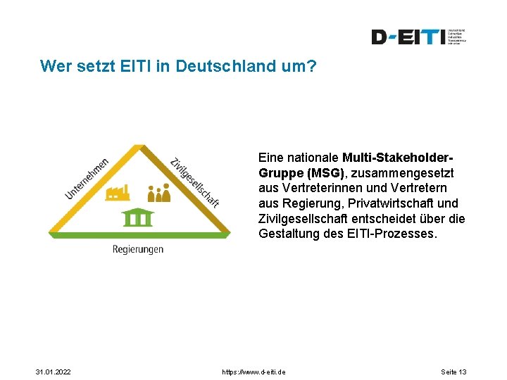 Wer setzt EITI in Deutschland um? Eine nationale Multi-Stakeholder. Gruppe (MSG), zusammengesetzt aus Vertreterinnen