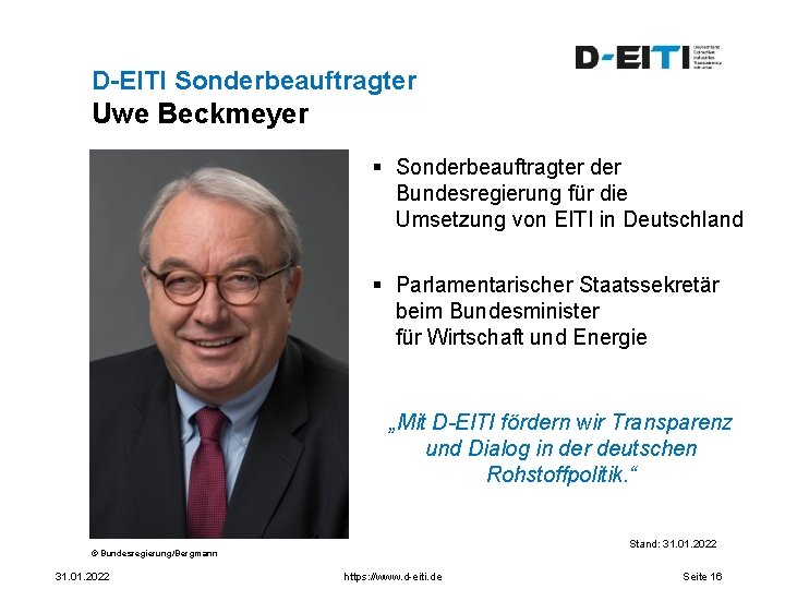 D-EITI Sonderbeauftragter Uwe Beckmeyer § Sonderbeauftragter der Bundesregierung für die Umsetzung von EITI in