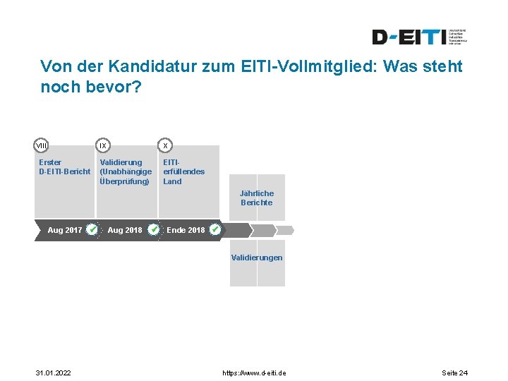 Von der Kandidatur zum EITI-Vollmitglied: Was steht noch bevor? VIII Erster D-EITI-Bericht IX X