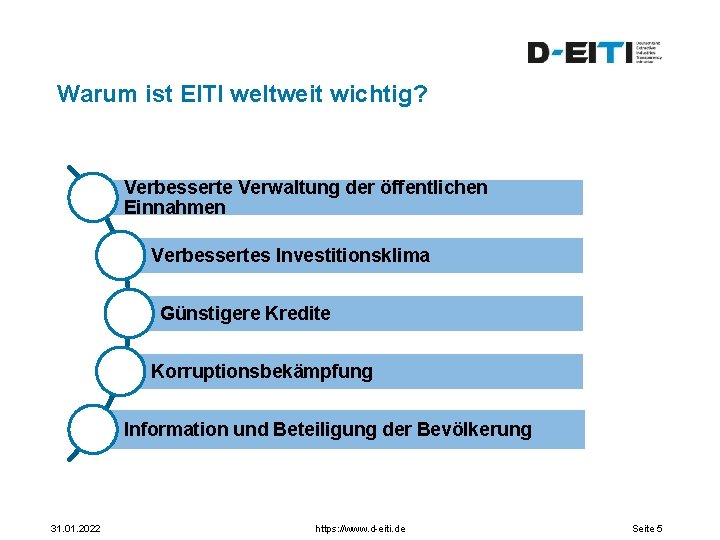 Warum ist EITI weltweit wichtig? Verbesserte Verwaltung der öffentlichen Einnahmen Verbessertes Investitionsklima Günstigere Kredite