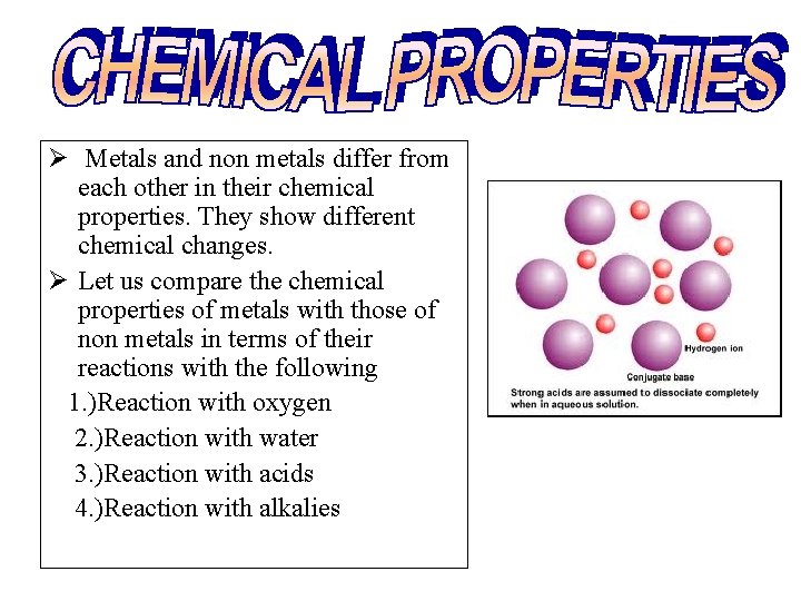 Ø Metals and non metals differ from each other in their chemical properties. They