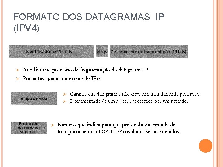 FORMATO DOS DATAGRAMAS IP (IPV 4) Ø Auxiliam no processo de fragmentação do datagrama