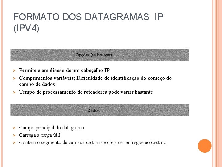 FORMATO DOS DATAGRAMAS IP (IPV 4) Ø Ø Ø Permite a ampliação de um