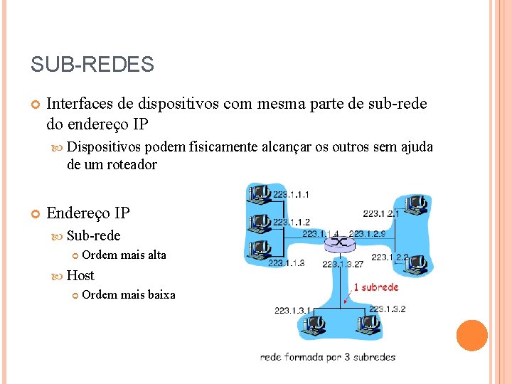 SUB-REDES Interfaces de dispositivos com mesma parte de sub-rede do endereço IP Dispositivos podem