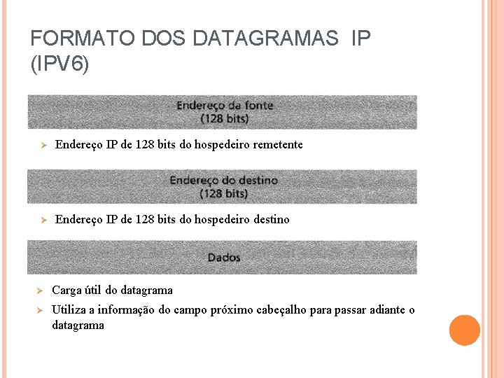 FORMATO DOS DATAGRAMAS IP (IPV 6) Ø Endereço IP de 128 bits do hospedeiro