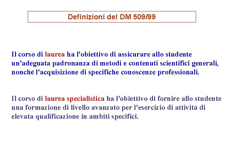 Definizioni del DM 509/99 Il corso di laurea ha l'obiettivo di assicurare allo studente