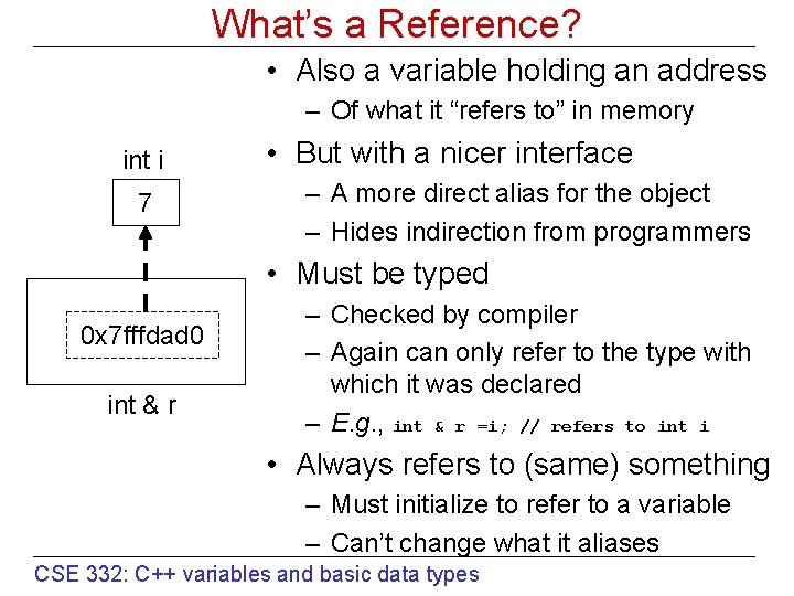 What’s a Reference? • Also a variable holding an address – Of what it
