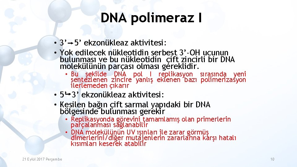 DNA polimeraz I • 3’ 5’ ekzonükleaz aktivitesi: • Yok edilecek nükleotidin serbest 3’-OH