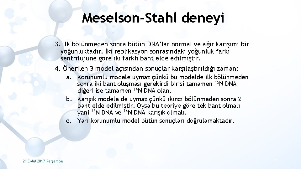 Meselson-Stahl deneyi 3. İlk bölünmeden sonra bütün DNA’lar normal ve ağır karışımı bir yoğunluktadır.