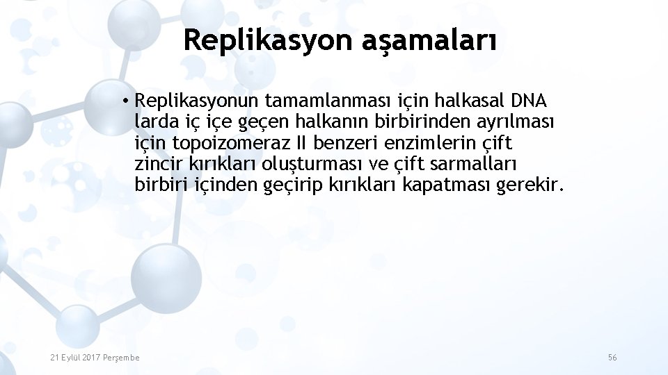 Replikasyon aşamaları • Replikasyonun tamamlanması için halkasal DNA larda iç içe geçen halkanın birbirinden