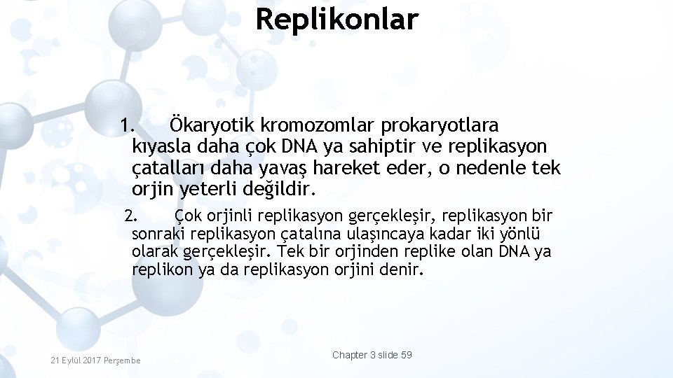 Replikonlar 1. Ökaryotik kromozomlar prokaryotlara kıyasla daha çok DNA ya sahiptir ve replikasyon çatalları