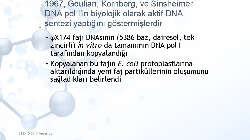 6 1967, Goulian, Kornberg, ve Sinsheimer DNA pol I’in biyolojik olarak aktif DNA sentezi