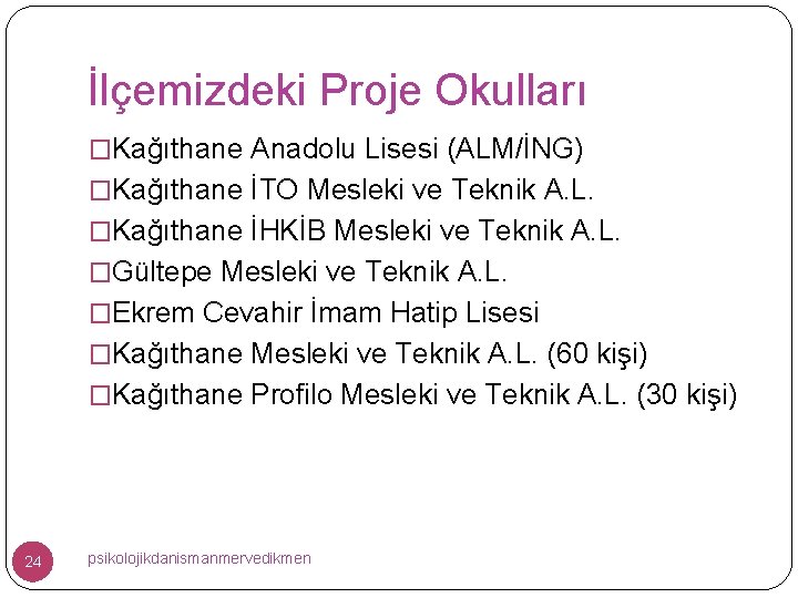 İlçemizdeki Proje Okulları �Kağıthane Anadolu Lisesi (ALM/İNG) �Kağıthane İTO Mesleki ve Teknik A. L.