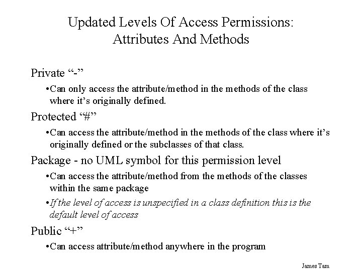 Updated Levels Of Access Permissions: Attributes And Methods Private “-” • Can only access