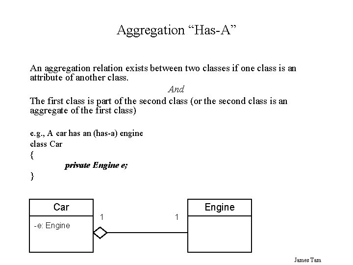 Aggregation “Has-A” An aggregation relation exists between two classes if one class is an