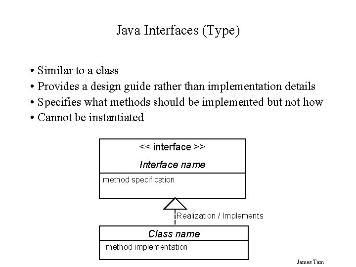 Java Interfaces (Type) • Similar to a class • Provides a design guide rather