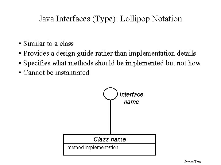 Java Interfaces (Type): Lollipop Notation • Similar to a class • Provides a design