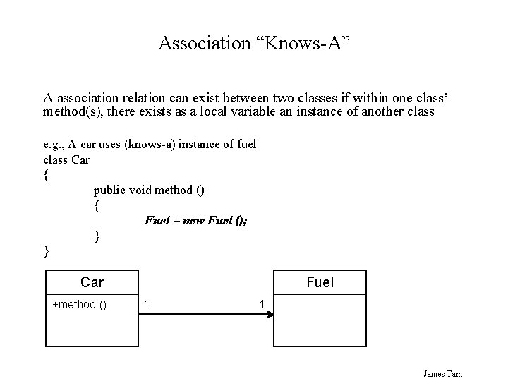 Association “Knows-A” A association relation can exist between two classes if within one class’