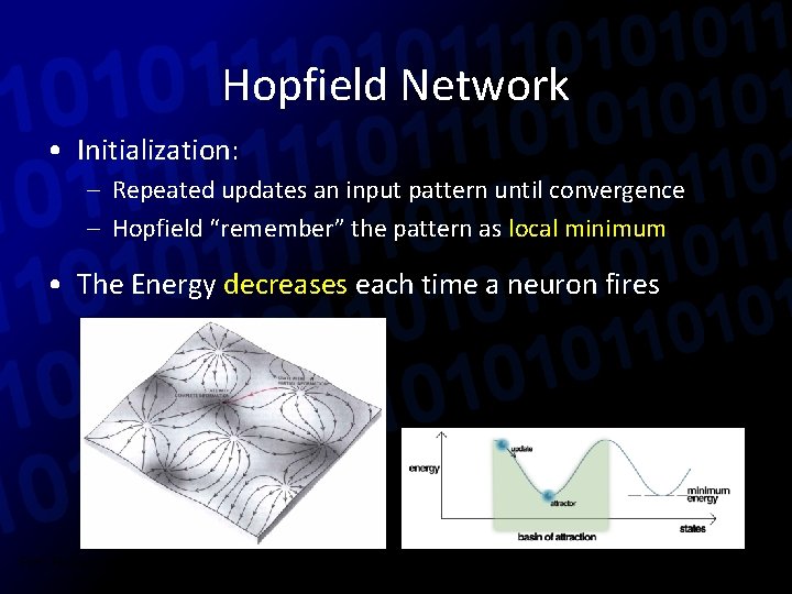 Hopfield Network • Initialization: – Repeated updates an input pattern until convergence – Hopfield
