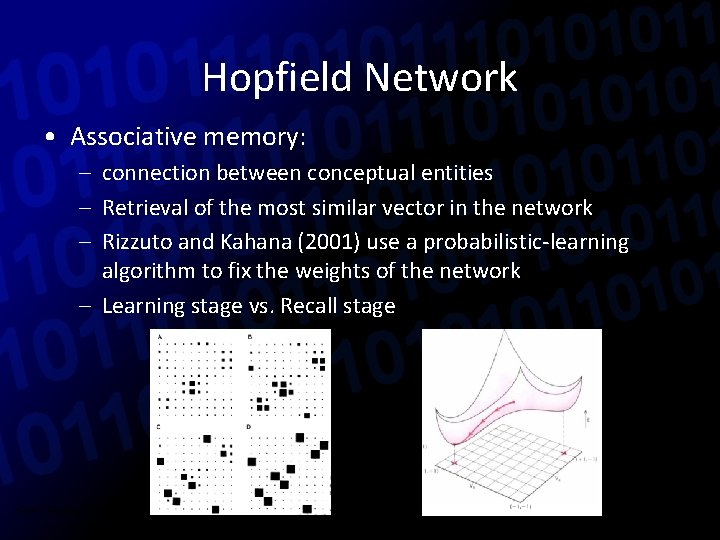 Hopfield Network • Associative memory: – connection between conceptual entities – Retrieval of the