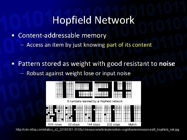 Hopfield Network • Content-addressable memory – Access an item by just knowing part of