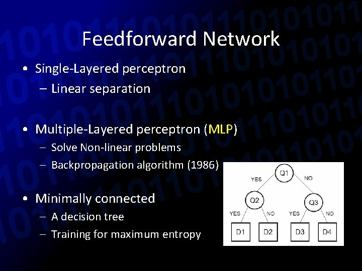 Feedforward Network • Single-Layered perceptron – Linear separation • Multiple-Layered perceptron (MLP) – Solve