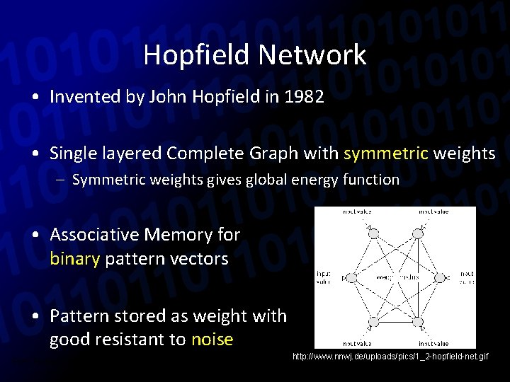 Hopfield Network • Invented by John Hopfield in 1982 • Single layered Complete Graph
