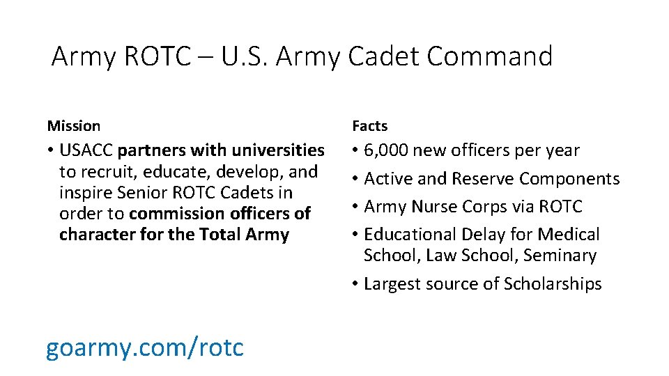 Army ROTC – U. S. Army Cadet Command Mission Facts • USACC partners with