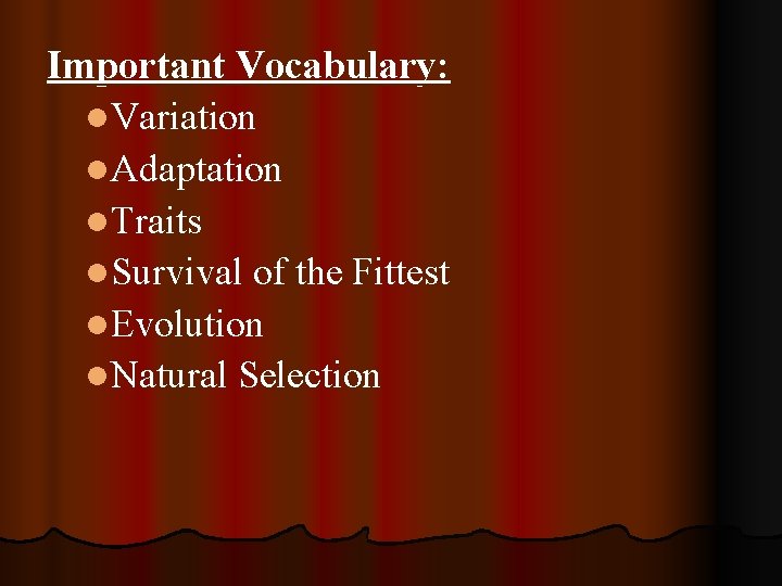 Important Vocabulary: l. Variation l. Adaptation l. Traits l. Survival of the Fittest l.