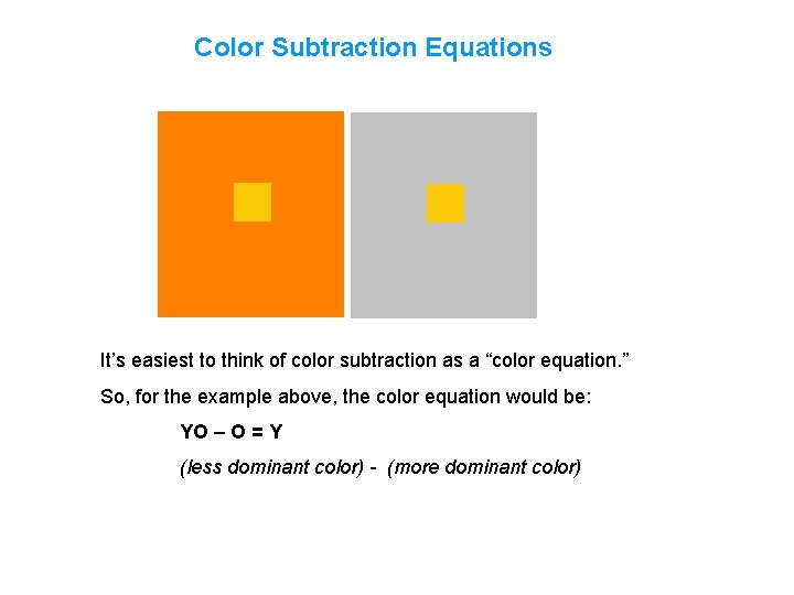 Color Subtraction Equations It’s easiest to think of color subtraction as a “color equation.