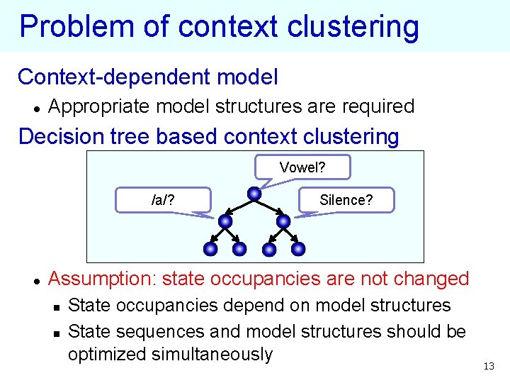 Problem of context clustering Context-dependent model l Appropriate model structures are required Decision tree