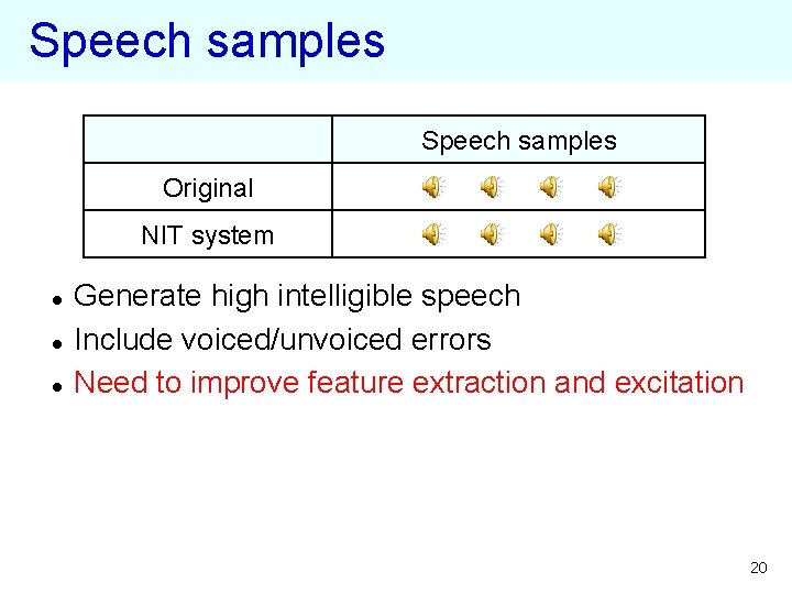 Speech samples Original NIT system l l l Generate high intelligible speech Include voiced/unvoiced