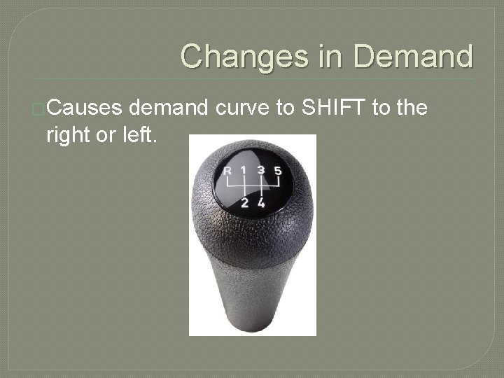 Changes in Demand �Causes demand curve to SHIFT to the right or left. 