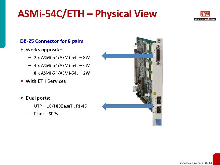 ASMi-54 C/ETH – Physical View DB-25 Connector for 8 pairs • Works opposite: –