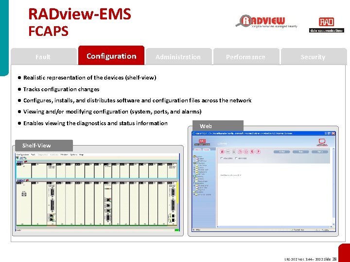 RADview-EMS FCAPS Fault Configuration Administration Performance Security ● Realistic representation of the devices (shelf-view)