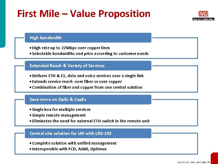 First Mile – Value Proposition High bandwidth • High rate up to 22 Mbps