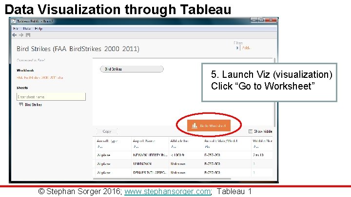 Data Visualization through Tableau 5. Launch Viz (visualization) Click “Go to Worksheet” © Stephan
