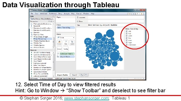 Data Visualization through Tableau 12. Select Time of Day to view filtered results Hint: