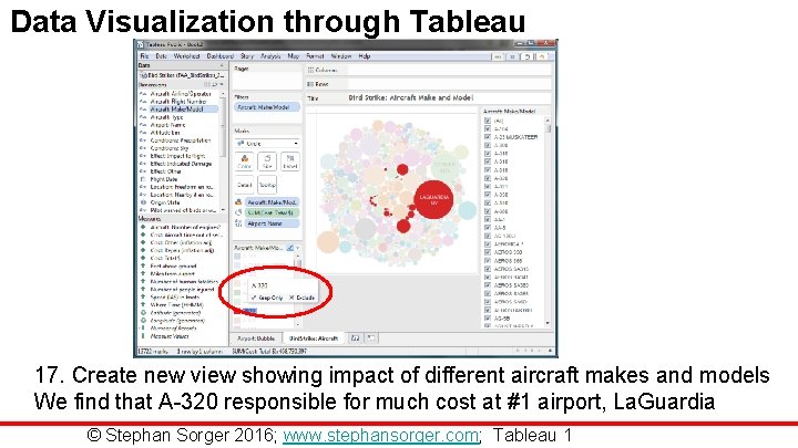 Data Visualization through Tableau 17. Create new view showing impact of different aircraft makes