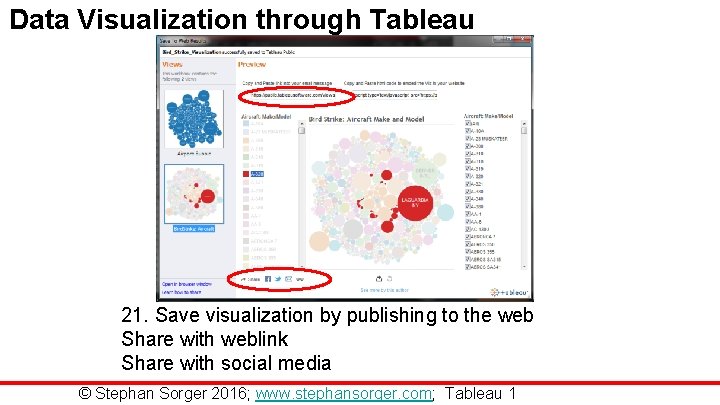 Data Visualization through Tableau 21. Save visualization by publishing to the web Share with