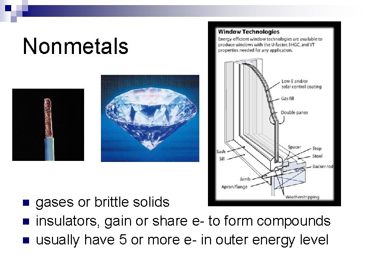 Nonmetals n n n gases or brittle solids insulators, gain or share e- to