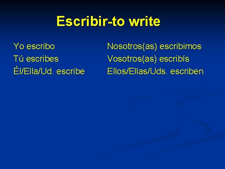 Escribir-to write Yo escribo Tú escribes Él/Ella/Ud. escribe Nosotros(as) escribimos Vosotros(as) escribís Ellos/Ellas/Uds. escriben