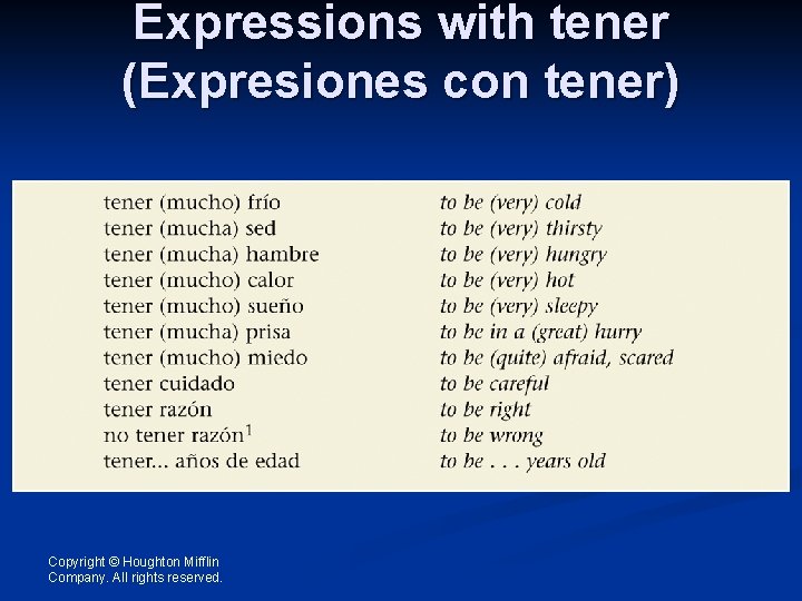 Expressions with tener (Expresiones con tener) Copyright © Houghton Mifflin Company. All rights reserved.