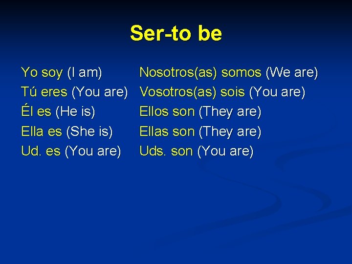 Ser-to be Yo soy (I am) Tú eres (You are) Él es (He is)