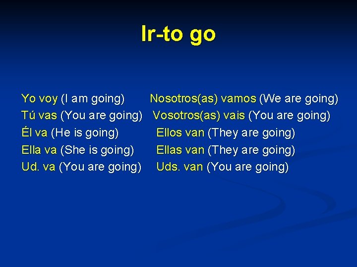 Ir-to go Yo voy (I am going) Nosotros(as) vamos (We are going) Tú vas
