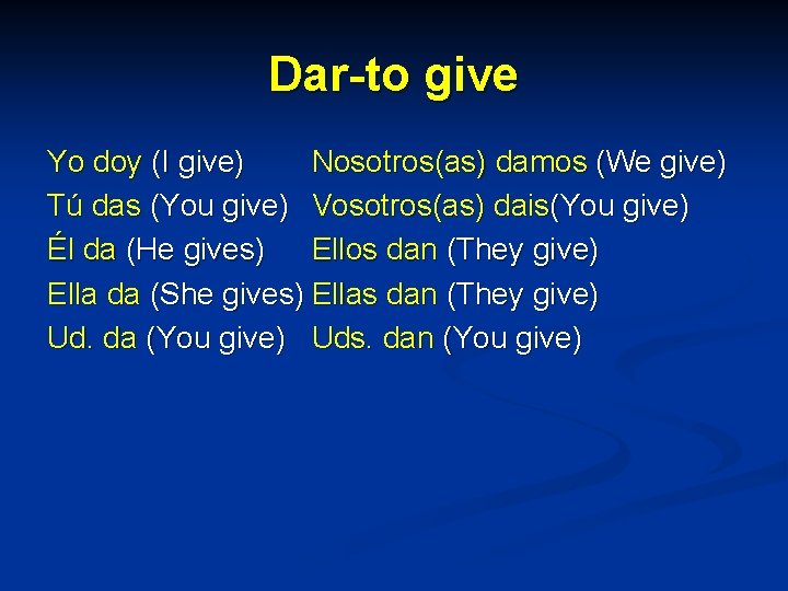 Dar-to give Yo doy (I give) Nosotros(as) damos (We give) Tú das (You give)