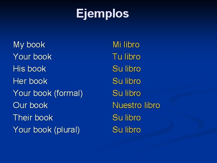 Ejemplos My book Your book His book Her book Your book (formal) Our book