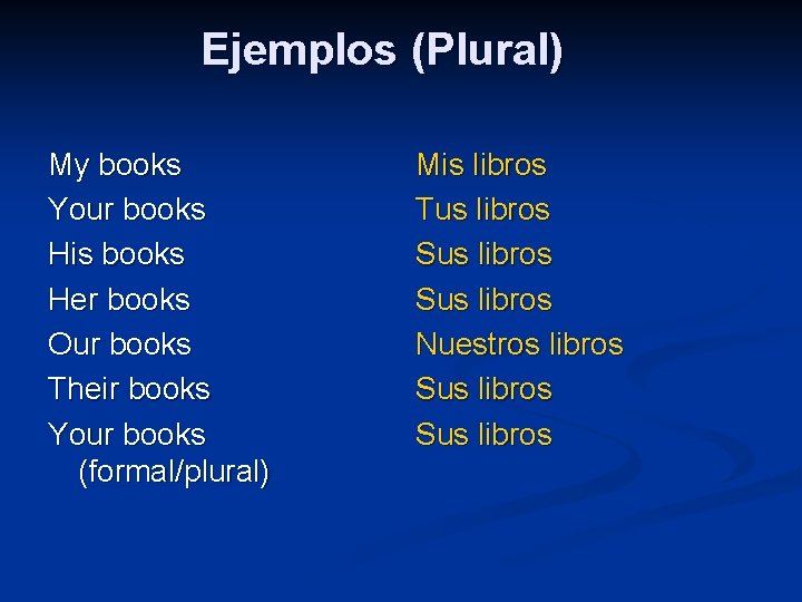 Ejemplos (Plural) My books Your books His books Her books Our books Their books
