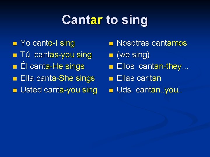 Cantar to sing n n n Yo canto-I sing Tú cantas-you sing Él canta-He