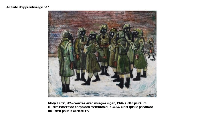 Activité d’apprentissage no 1 Molly Lamb, Manoeuvres avec masque à gaz, 1944. Cette peinture